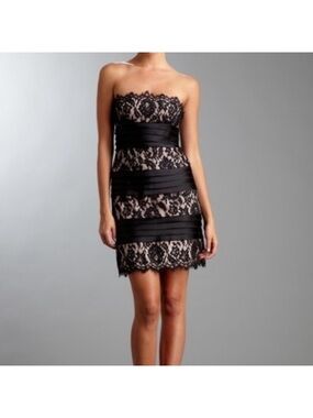 BCBGMAXAZRIA Strapless  Black Lace Overlay Dress with Nude Lining size 4